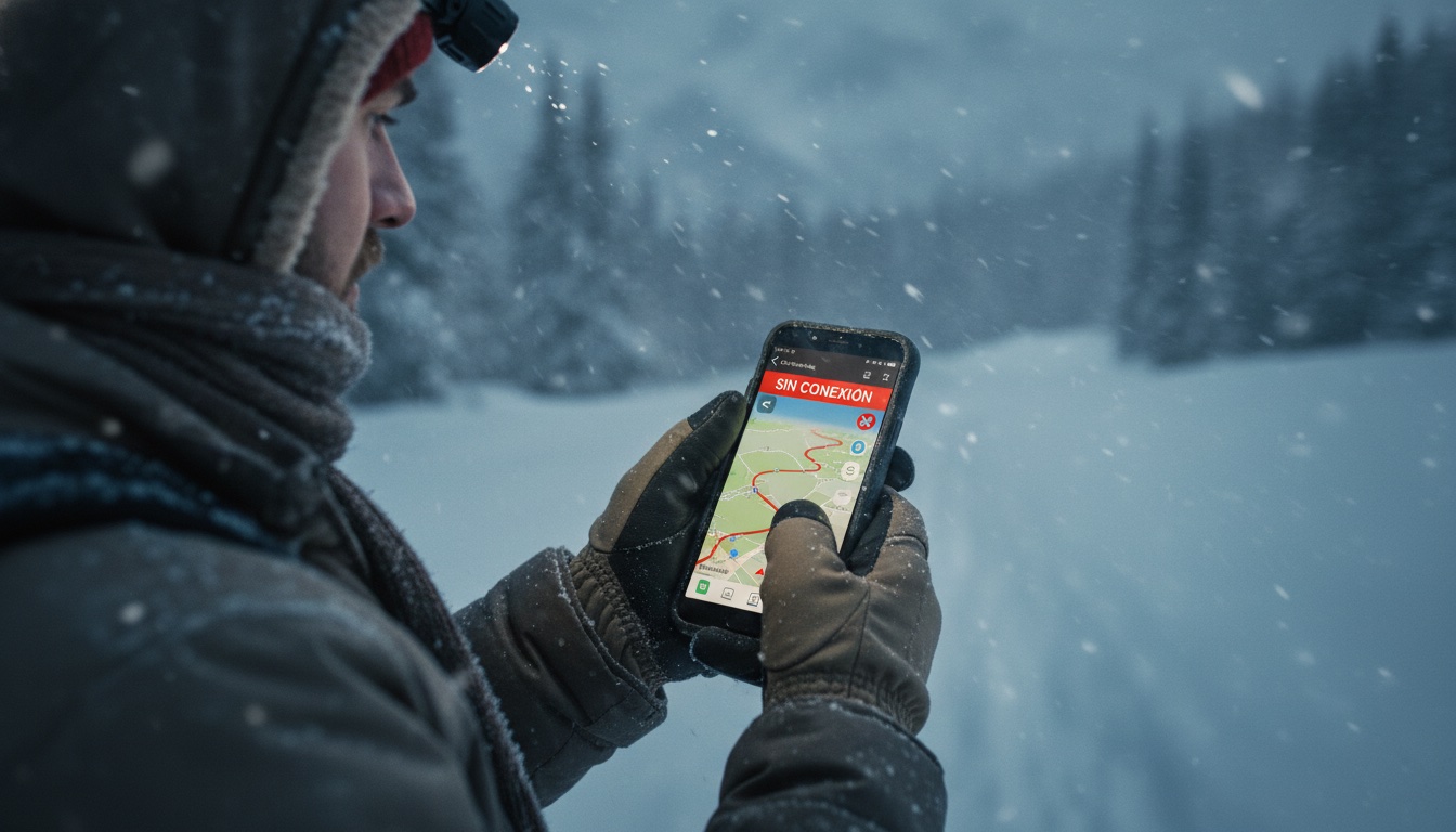 Persona consultando el mapa en su móvil sin conexión en una montaña nevada durante la ola de frío