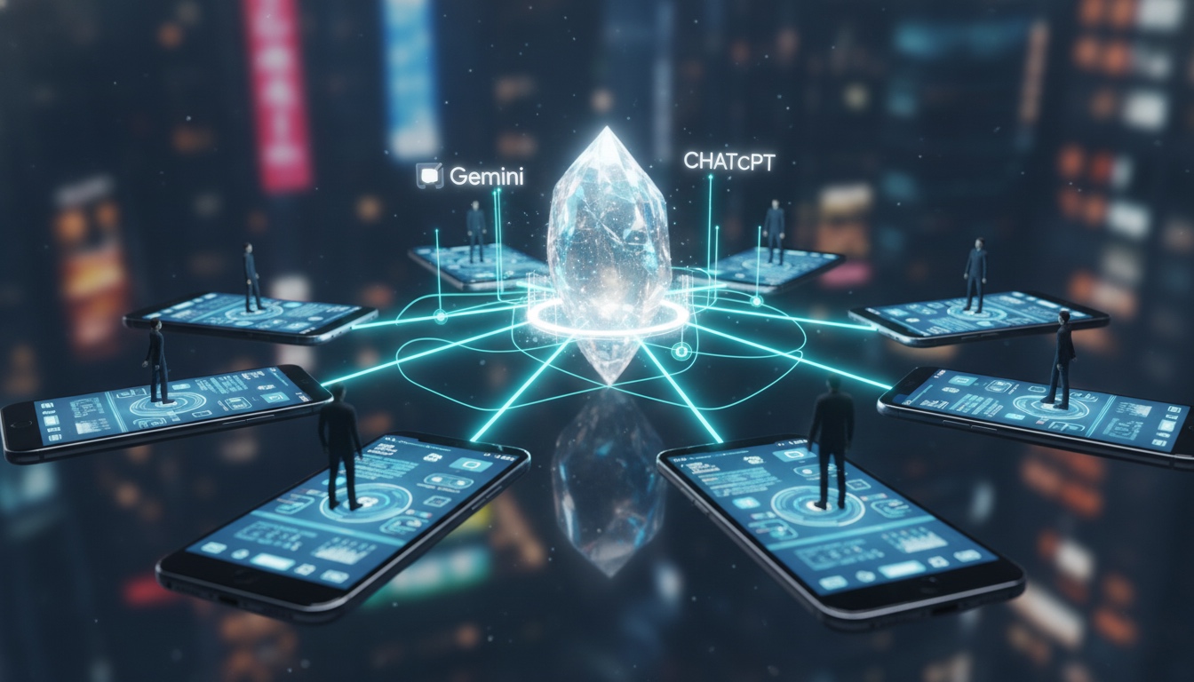 Una representación abstracta y futurista de inteligencia artificial conectada a dispositivos móviles. Se ve un cristal central brillante con los nombres 'Gemini' y 'ChatGPT' emitiendo líneas de energía hacia múltiples smartphones flotantes. Pequeñas figuras humanas interactúan con los teléfonos, sugiriendo la omnipresencia de la IA en la vida diaria
