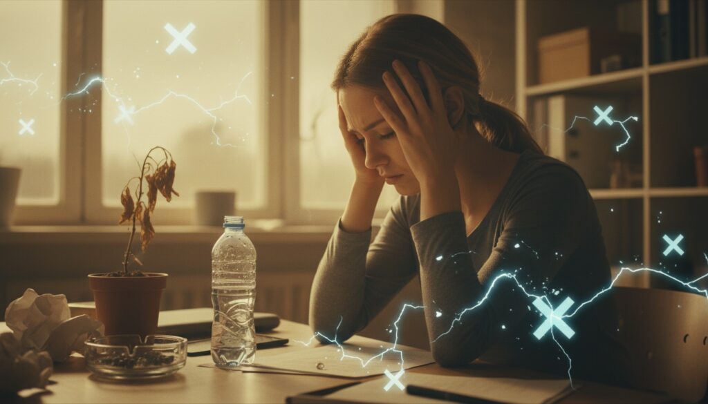 Mujer agotada con dolor de cabeza frente al escritorio rodeada de desorden y señales de estrés