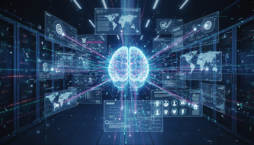 Cerebro digital brillante en un centro de datos rodeado de paneles de información