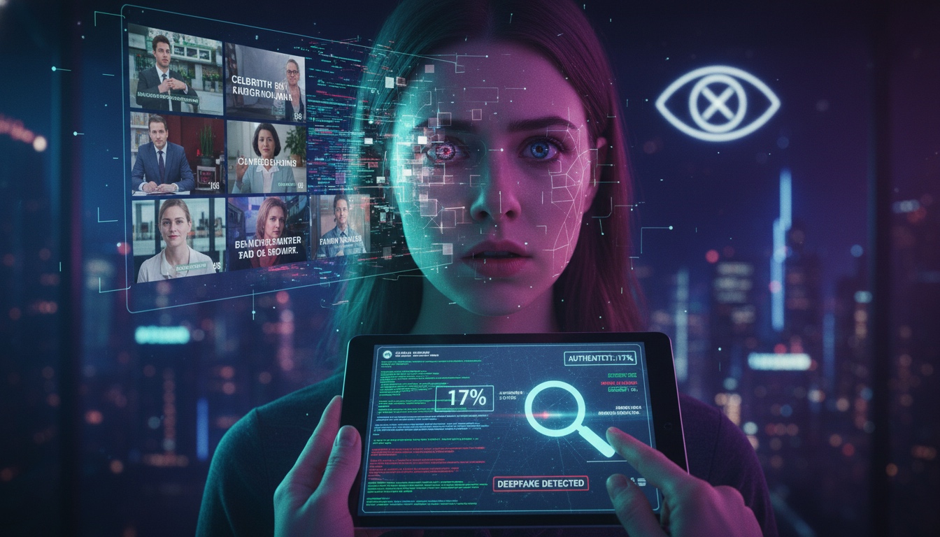 Mujer con una mirada seria sosteniendo una tableta que muestra 'Deepfake Detected' y un análisis. Su rostro está parcialmente cubierto con una interfaz digital, mientras que de fondo se ven múltiples pantallas con rostros de personas y un ojo con una 'X', simbolizando la dificultad de identificar deepfakes en 2025.