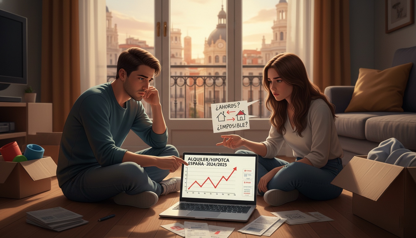 Dos jóvenes, un hombre y una mujer, sentados en el suelo de un salón con cajas de mudanza y un portátil mostrando un gráfico de subida de precios de alquiler/hipoteca. La mujer señala una burbuja de diálogo con "¿Ahorros? ¿Casa? ¡Imposible!" y el fondo muestra un balcón con vistas a una ciudad española, simbolizando los desafíos de la vivienda para los jóvenes en España.