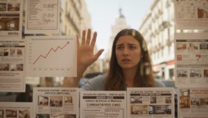 Una joven con expresión de preocupación, mirando a través de un cristal lleno de anuncios de alquiler e hipoteca en España, algunos con precios elevados y gráficos de subida. Su mano está apoyada en el cristal, sugiriendo la barrera para acceder a una vivienda asequible para los jóvenes en el contexto de la subida de precios.