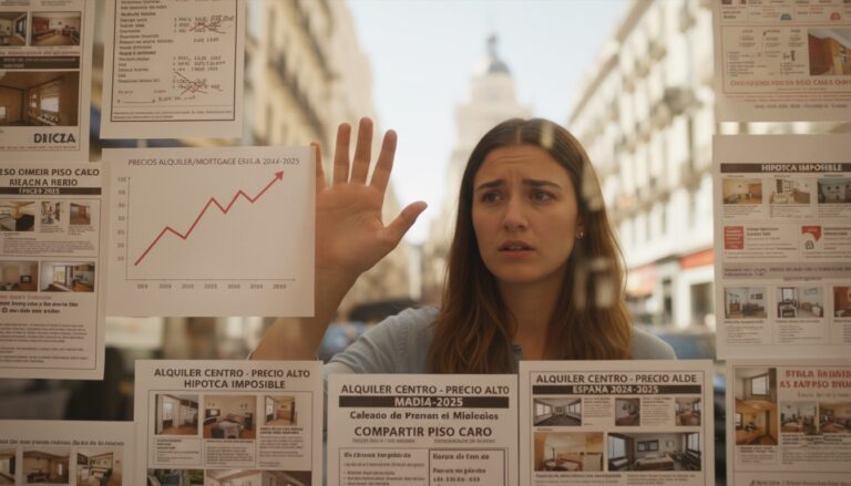 Una joven con expresión de preocupación, mirando a través de un cristal lleno de anuncios de alquiler e hipoteca en España, algunos con precios elevados y gráficos de subida. Su mano está apoyada en el cristal, sugiriendo la barrera para acceder a una vivienda asequible para los jóvenes en el contexto de la subida de precios.