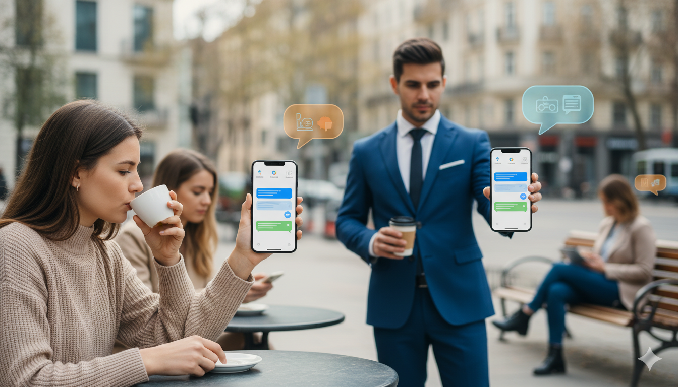 Personas utilizando sus teléfonos móviles en un entorno urbano, con burbujas de diálogo flotando sobre los dispositivos mostrando iconos genéricos, representando el uso de la inteligencia artificial en la vida cotidiana