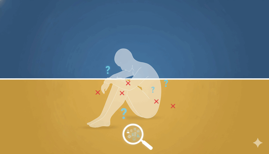 Ilustración de una silueta humana con signos de interrogación y cruces que representan síntomas sin diagnóstico claro