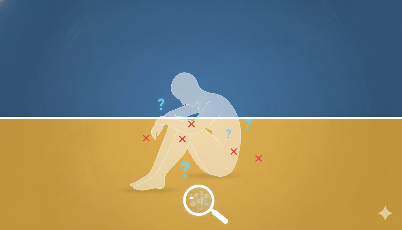 Ilustración de una silueta humana con signos de interrogación y cruces que representan síntomas sin diagnóstico claro