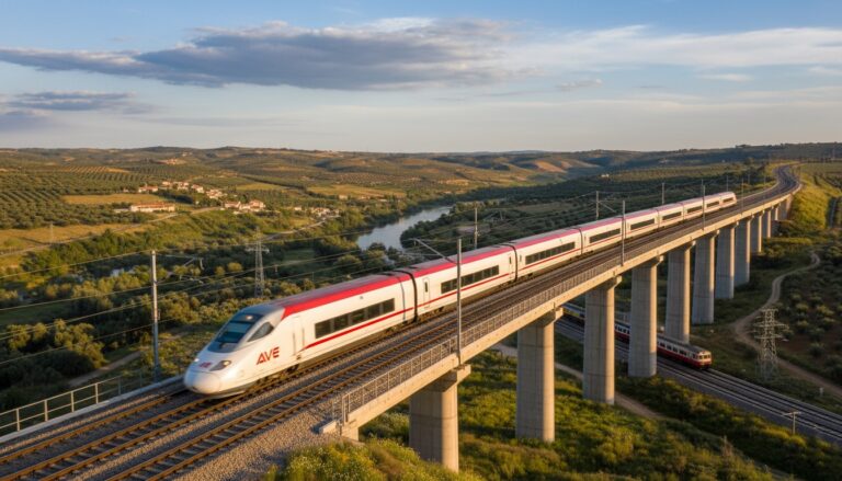 Tren AVE blanco y rojo cruzando un largo viaducto sobre un paisaje verde y montañoso con un río, bajo un cielo parcialmente nublado al atardecer.
