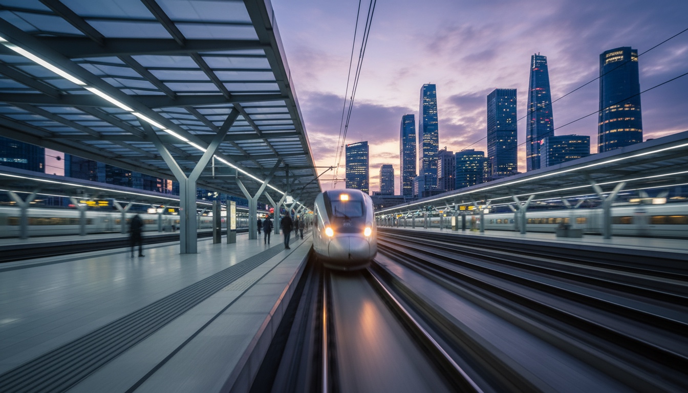Tren de alta velocidad moderno llegando a una estación subterránea en una ciudad con rascacielos al fondo, al anochecer, con efecto de movimiento