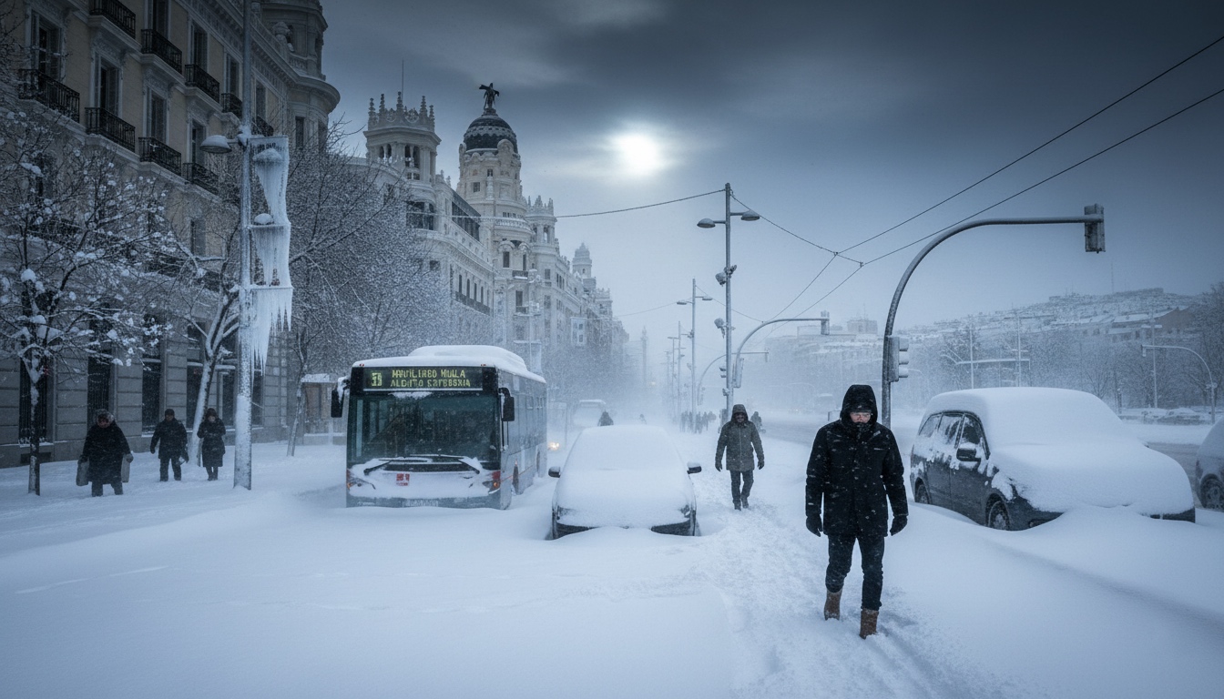 Paisaje urbano de una calle de Madrid completamente cubierta de nieve tras una fuerte nevada. Se ven coches sepultados bajo la nieve, un autobús parado en la calle, y varias personas caminando con dificultad, abrigadas con ropa de invierno. En el fondo se aprecian edificios emblemáticos de la ciudad, y el cielo está nublado y oscuro, con un sol pálido.