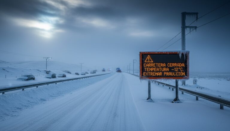 Carretera completamente nevada y cerrada al tráfico, con coches abandonados y cubiertos de nieve a los lados. Un cartel luminoso de advertencia muestra 'CARRETERA CERRADA. TEMPERATURA -12 °C. EXTREMAR PRECAUCIÓN.'. El cielo es oscuro y nublado, y se ven camiones quitanieves en la distancia, en un paisaje invernal y desolado.
