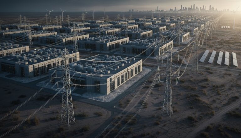 Vista aérea de un vasto complejo de centros de datos modernos con múltiples edificios, rodeado de torres de alta tensión y turbinas eólicas, y algunas placas solares en el horizonte. Un gráfico de barras digital superpuesto en la imagen muestra un aumento de la demanda energética, con el texto 'IEA ALERT: DATA CENTERS' ENERGY DEMAND SPIKE - SPAIN & NETHERLANDS' indicando la alerta sobre España y Países Bajos.