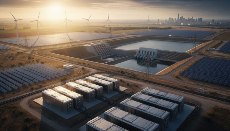 Vista aérea de un complejo de energías renovables al atardecer, mostrando un campo de paneles solares, turbinas eólicas y una planta hidroeléctrica reversible con dos embalses. En primer plano, se ven grandes módulos de almacenamiento de energía en baterías.