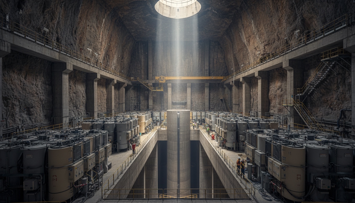 Interior de una vasta caverna subterránea de una central hidroeléctrica reversible, con un gran haz de luz que entra desde una abertura circular en el techo. A ambos lados de un profundo foso central, se extienden filas de grandes condensadores o generadores, con pasarelas y escaleras metálicas. Se aprecian algunos trabajadores con casco y chalecos de seguridad, indicando la escala industrial de la instalación.