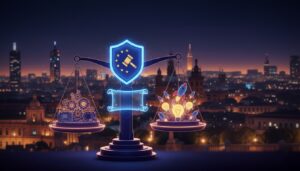 Una balanza de la justicia estilizada con un escudo de la UE y un martillo de juez en el centro, simbolizando la Ley de IA de la UE en revisión. En un platillo hay engranajes y placas de circuito, representando a los gigantes tecnológicos, y en el otro platillo hay bombillas encendidas y cohetes despegando, simbolizando startups innovadoras. Todo esto está ambientado en un paisaje urbano nocturno.