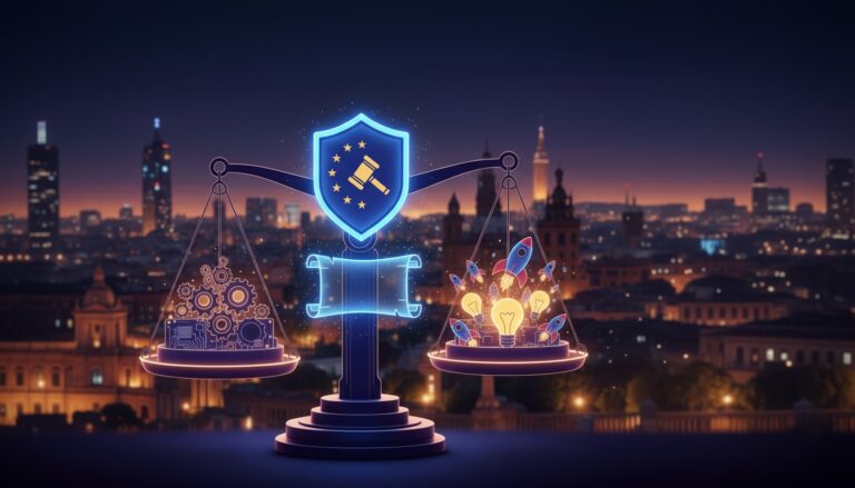 Una balanza de la justicia estilizada con un escudo de la UE y un martillo de juez en el centro, simbolizando la Ley de IA de la UE en revisión. En un platillo hay engranajes y placas de circuito, representando a los gigantes tecnológicos, y en el otro platillo hay bombillas encendidas y cohetes despegando, simbolizando startups innovadoras. Todo esto está ambientado en un paisaje urbano nocturno.