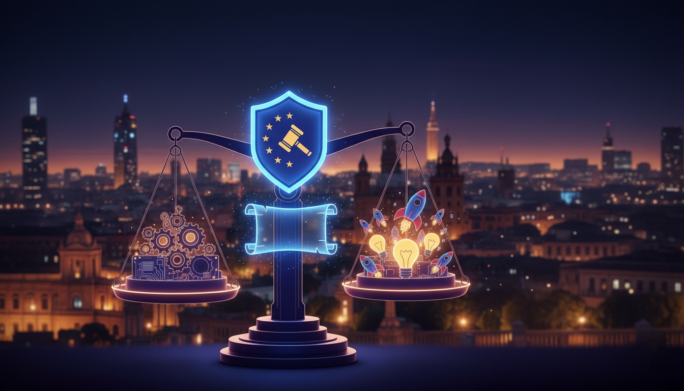 Una balanza de la justicia estilizada con un escudo de la UE y un martillo de juez en el centro, simbolizando la Ley de IA de la UE en revisión. En un platillo hay engranajes y placas de circuito, representando a los gigantes tecnológicos, y en el otro platillo hay bombillas encendidas y cohetes despegando, simbolizando startups innovadoras. Todo esto está ambientado en un paisaje urbano nocturno.