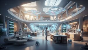 Un concepto futurista y luminoso de una tienda IKEA en el año 2050. El espacio es amplio, con techos altos y formas orgánicas, lleno de mobiliario y objetos cotidianos con un diseño elegante y minimalista. Hay pantallas holográficas que muestran información y diseños generados por IA, robots asistentes navegando por la tienda, y personas interactuando con las nuevas tecnologías y los productos. En el centro, una gran pantalla muestra 'IKEA 2050 - DESIGNED BY AI'