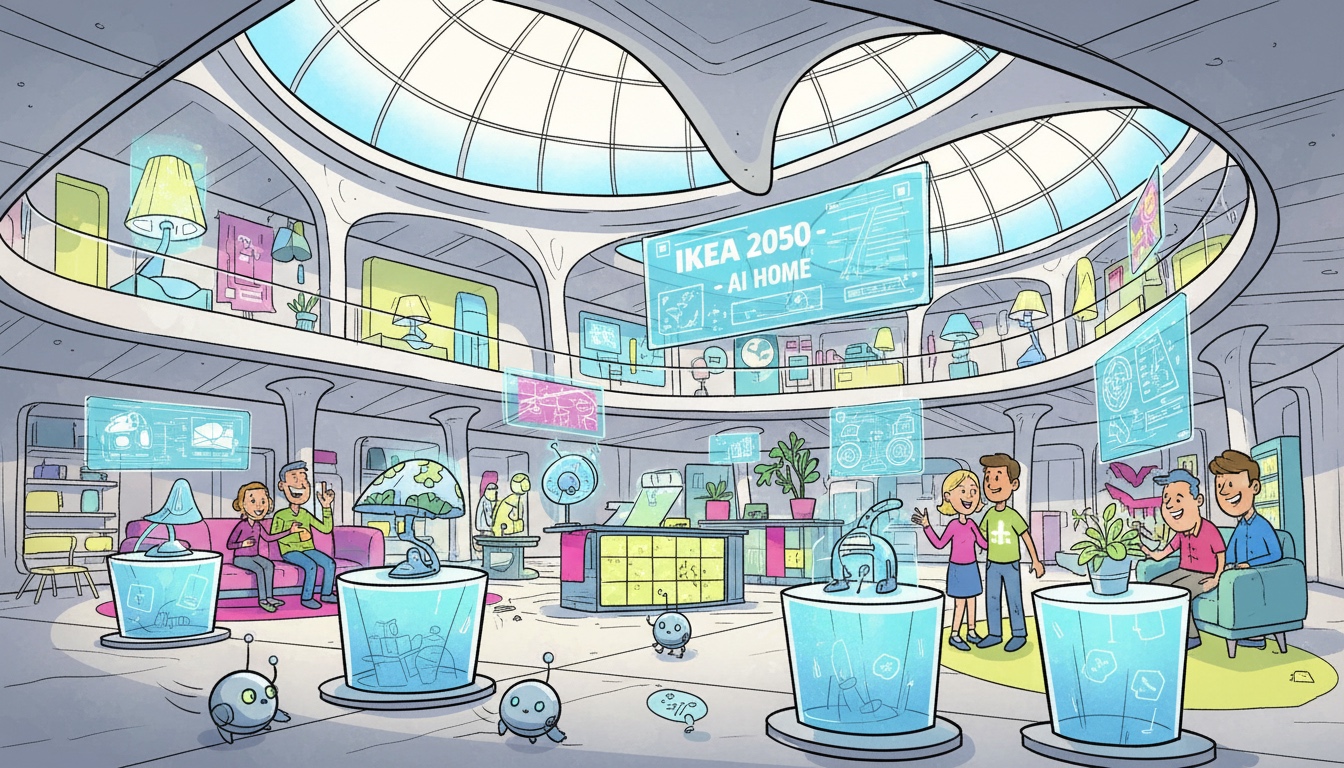 Una ilustración vibrante y de estilo caricaturesco que representa un IKEA futurista en 2050, con temática de IA. El espacio es abierto y luminoso, con muebles y objetos cotidianos de diseño peculiar y divertido. Varias personas sonríen e interactúan con pantallas holográficas que muestran planos y datos de IA. Pequeños robots esféricos con ojos simpáticos pululan por el suelo, y los productos se exhiben en pedestales con vitrinas de cristal.