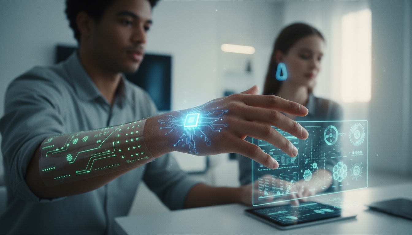 Una imagen futurista que muestra a una persona con un brazo parcialmente cubierto por una interfaz de circuito digital que se ilumina con patrones de neón verde, simbolizando biosensores o piel electrónica avanzada. Esta persona está interactuando con una pantalla holográfica translúcida que flota en el aire, llena de gráficos de datos y elementos de interfaz de usuario. En el fondo, otra persona trabaja con una tablet que también muestra información digital. La escena evoca un ambiente de alta tecnología y ciencia ficción ya presente en la vida cotidiana.