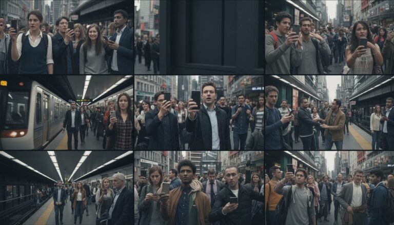 Un collage de nueve paneles que muestra escenas urbanas y subterráneas llenas de gente. En cada panel, personas de diversas edades y orígenes se ven con expresiones de confusión, frustración o sorpresa mientras miran sus teléfonos móviles, que parecen no funcionar. Algunas personas intentan hacer llamadas, otras revisan sus pantallas con incredulidad. Las escenas capturan la reacción global ante la interrupción repentina de las comunicaciones móviles, con el metro y calles concurridas como telón de fondo, sugiriendo el caos y la desconexión que surgirían.