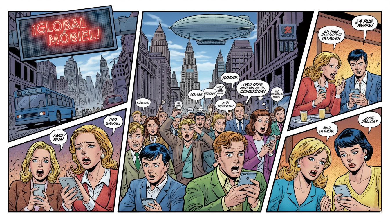 Una ilustración estilo cómic, dividida en varios paneles, que representa el pánico global cuando los móviles dejan de funcionar. En el panel superior izquierdo, un cartel luminoso anuncia '¡GLOBAL MÓBIEL!' sobre una calle concurrida. Los paneles centrales muestran a una multitud en una calle de la ciudad, con edificios altos y un dirigible, todos mirando sus teléfonos con expresiones de shock y confusión, con burbujas de diálogo que expresan frustración como '¡No señal!' y '¡No hay conexión!'. Los paneles de la derecha se centran en personajes individuales, como una pareja en un café y dos mujeres, que reaccionan con asombro y preocupación ante la repentina interrupción de la comunicación, con diálogos en español simulando la reacción.