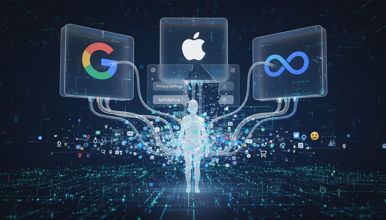 Una representación conceptual futurista sobre la privacidad digital. En el centro, una silueta humana transparente y brillante está conectada por múltiples cables de datos a tres grandes pantallas flotantes que muestran los logotipos de Google, Apple y Meta. Alrededor de la silueta, una explosión de pequeños iconos digitales y puntos de datos (ubicaciones, redes sociales, compras, etc.) se dispersan por un vasto campo de información, simbolizando la cantidad de datos que estas empresas recopilan. Las pantallas muestran de forma destacada campos como 'Privacy Settings' y 'Activity Log', destacando la información visible, mientras que la complejidad de los datos circundantes insinúa lo que no es tan evidente en los ajustes.