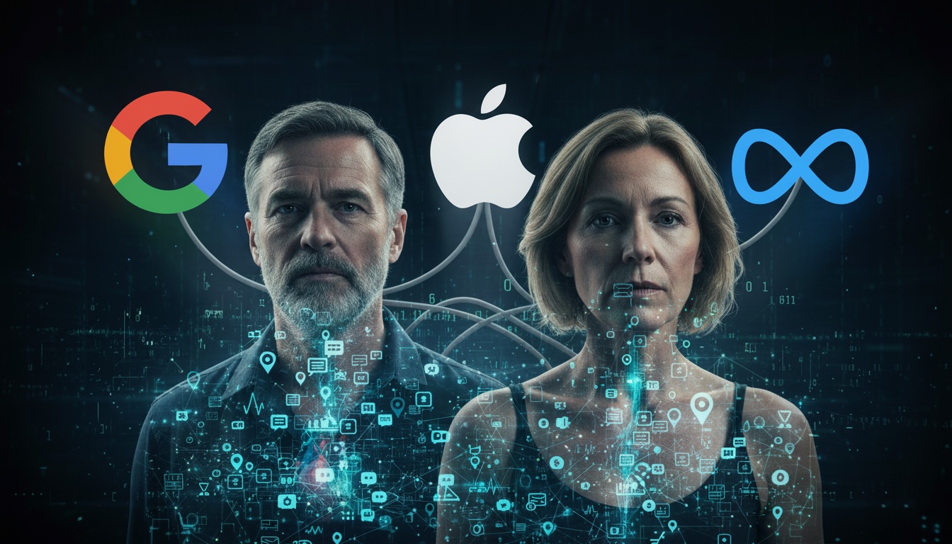 Una imagen conceptual y oscura que presenta a un hombre y una mujer de mediana edad, ambos mirando directamente al frente con expresiones serias. Delante de cada persona, sobre sus cuerpos, hay una superposición de una red brillante de pequeños iconos digitales y símbolos de datos (mensajes, ubicación, 'me gusta', candados de seguridad, etc.), sugiriendo la vasta cantidad de información personal recopilada. Detrás del hombre se encuentra el logotipo de Google, y detrás de la mujer, el logotipo de Apple, con el logotipo de Meta a la derecha. Todos los logotipos están conectados a las personas mediante finos cables o haces de luz, implicando la conexión de datos.