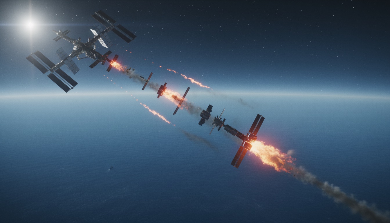 Representación de una estación espacial rompiéndose en varios módulos mientras cae hacia la Tierra con fuego y humo en el espacio.