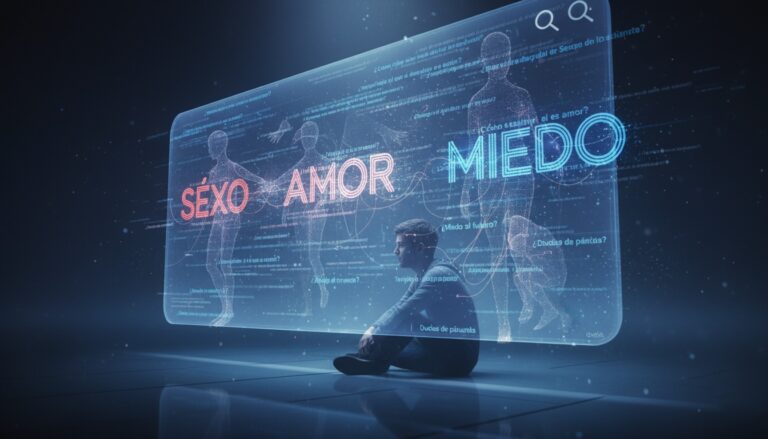Un hombre sentado observa una pantalla holográfica con las palabras sexo, amor y miedo junto a siluetas humanas y textos digitales en un entorno futurista.