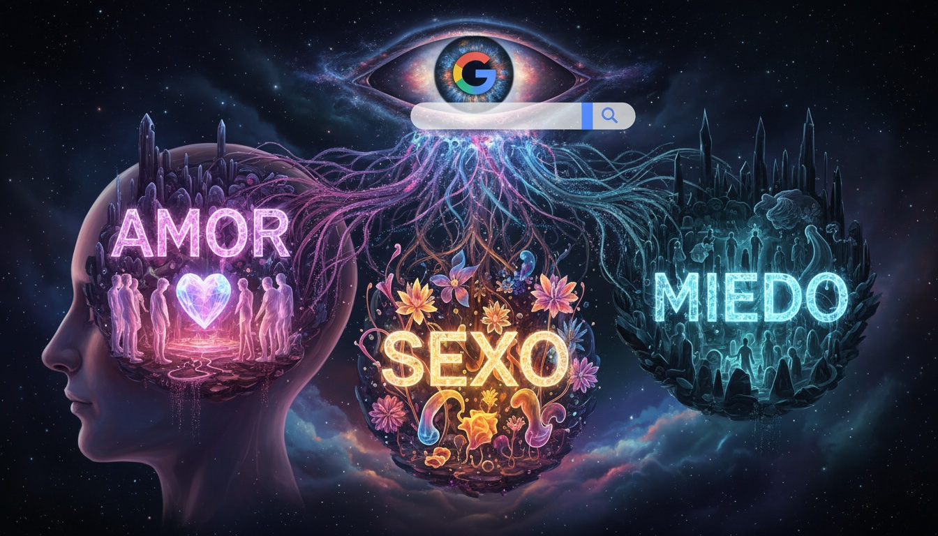 Ilustración surrealista con dos cabezas humanas y tres áreas temáticas destacadas: amor, sexo y miedo, conectadas por un ojo central con un buscador digital.