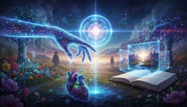 Ilustración surrealista con una mano luminosa de estilo tecnológico tocando un corazón mientras un libro abierto proyecta paisajes holográficos en un entorno natural.