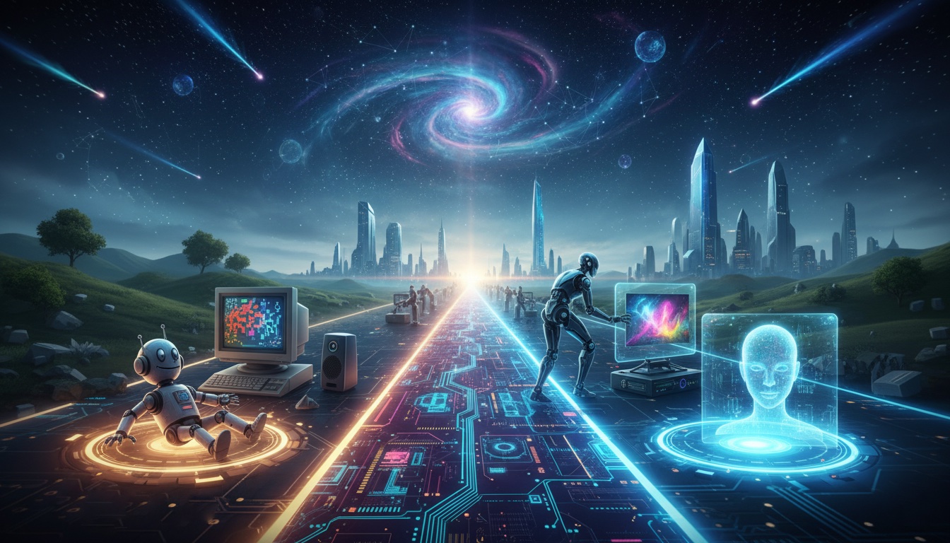 Escena futurista con robots interactuando con ordenadores a lo largo de un camino digital que conecta naturaleza y ciudad avanzada bajo un cielo estrellado.