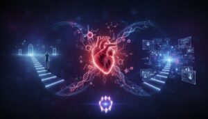 Ilustración futurista con un corazón iluminado en el centro y dos caminos opuestos: uno hacia puertas brillantes y otro hacia un entorno digital con perfiles y datos.