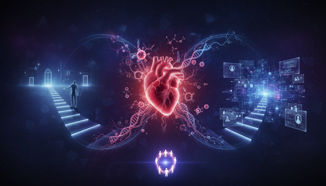 Ilustración futurista con un corazón iluminado en el centro y dos caminos opuestos: uno hacia puertas brillantes y otro hacia un entorno digital con perfiles y datos.