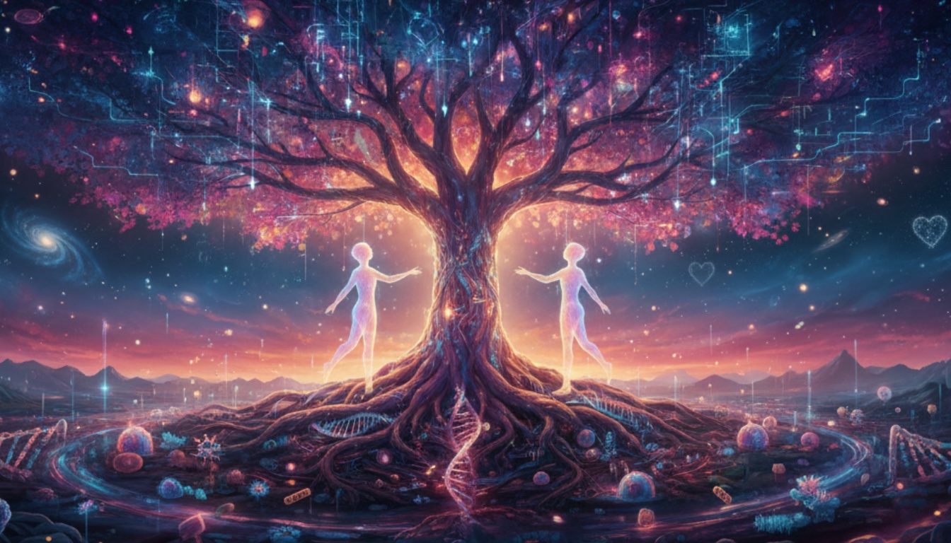 Escena surrealista con un gran árbol luminoso cuyas raíces forman una doble hélice de ADN mientras dos figuras humanas transparentes se sitúan a ambos lados en un paisaje cósmico.