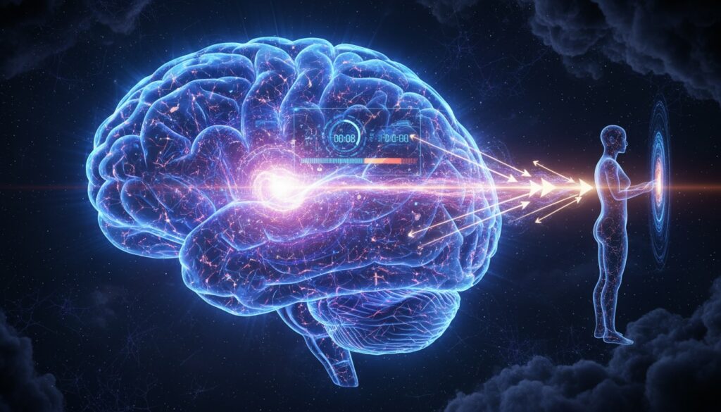 Representación futurista de un cerebro iluminado conectado mediante energía a la figura de una persona transparente frente a un portal digital.