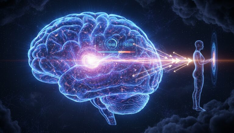 Representación futurista de un cerebro iluminado conectado mediante energía a la figura de una persona transparente frente a un portal digital.