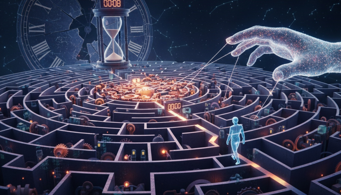 Ilustración surrealista de una persona caminando por un laberinto circular mientras una gran mano luminosa mueve hilos sobre él y un reloj de arena aparece en el centro.