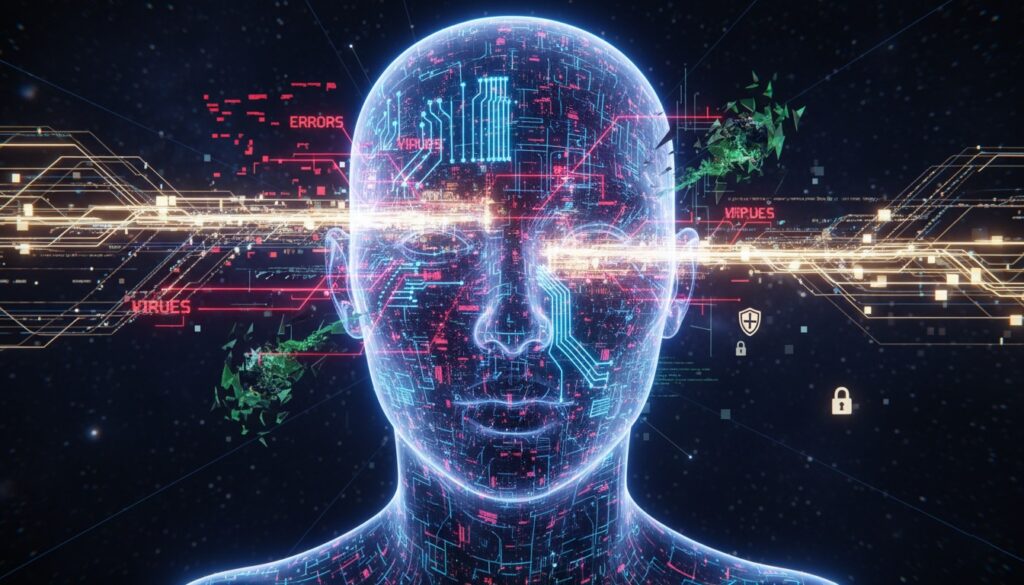 Ilustración futurista de un rostro humano digital rodeado de circuitos y mensajes de errores y virus en un entorno tecnológico.