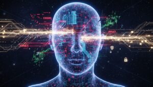 Ilustración futurista de un rostro humano digital rodeado de circuitos y mensajes de errores y virus en un entorno tecnológico.