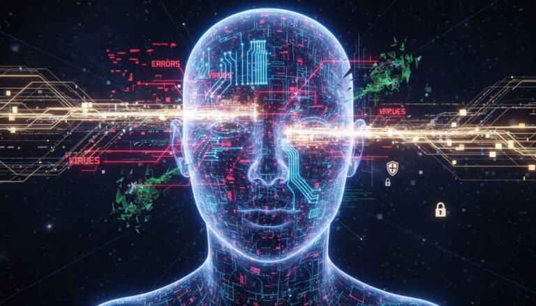 Ilustración futurista de un rostro humano digital rodeado de circuitos y mensajes de errores y virus en un entorno tecnológico.
