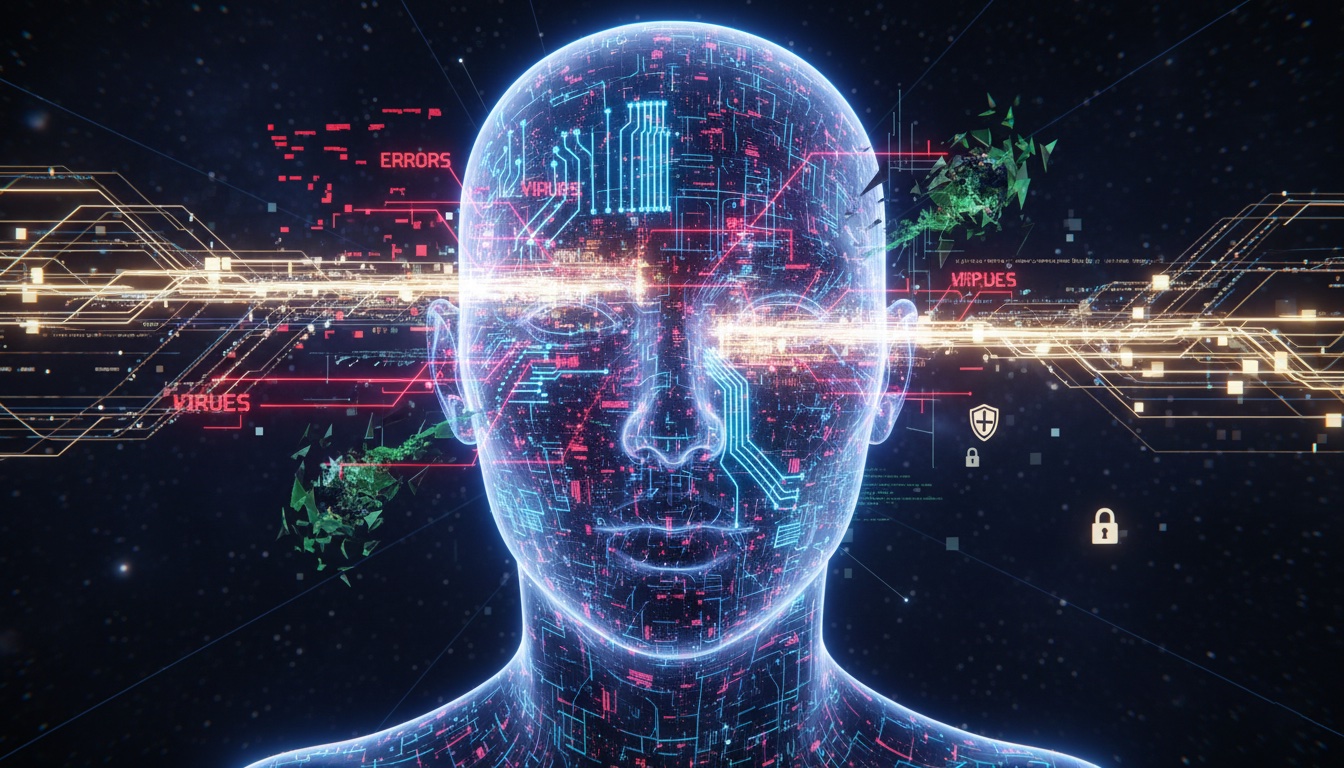 Ilustración futurista de un rostro humano digital rodeado de circuitos y mensajes de errores y virus en un entorno tecnológico.