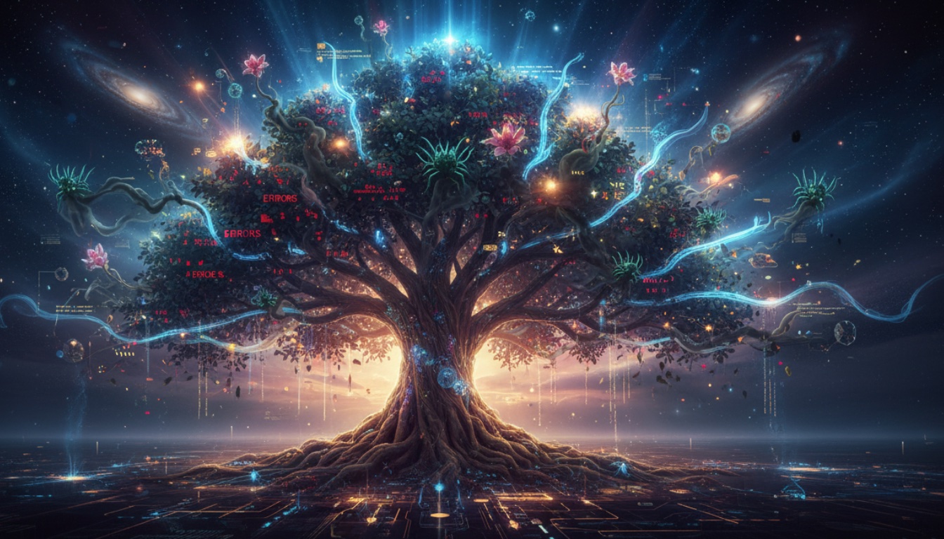 Árbol luminoso de estilo fantástico con raíces y ramas conectadas a circuitos y datos en un paisaje cósmico futurista.