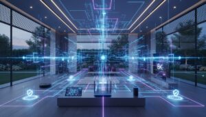 Sala de estar moderna con dispositivos inteligentes conectados, visualización holográfica de red digital y automatización del hogar mediante IoT.