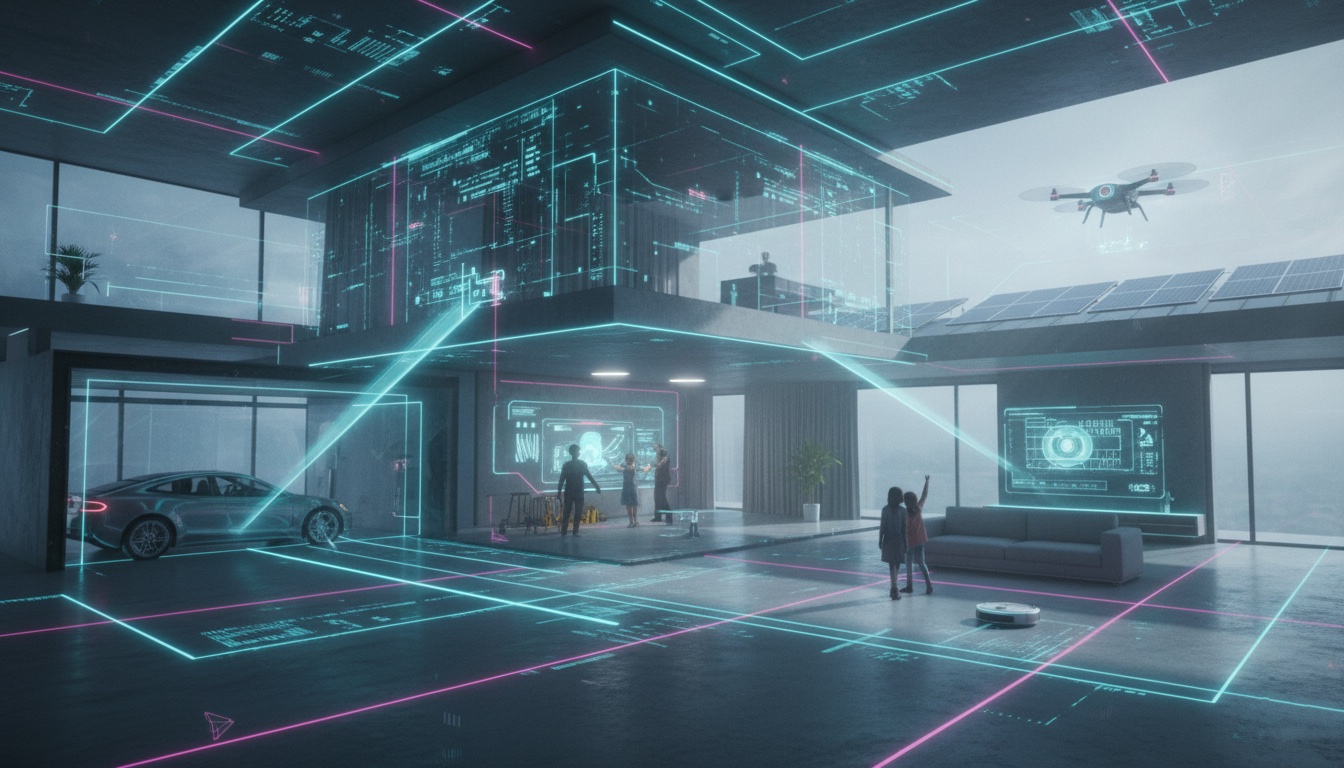 Sala de estar moderna con dispositivos inteligentes conectados, visualización holográfica de red digital y automatización del hogar mediante IoT.