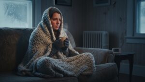 Persona abrigada con manta gruesa y guantes tomando una bebida caliente en un salón frío durante una ola de bajas temperaturas y calentar