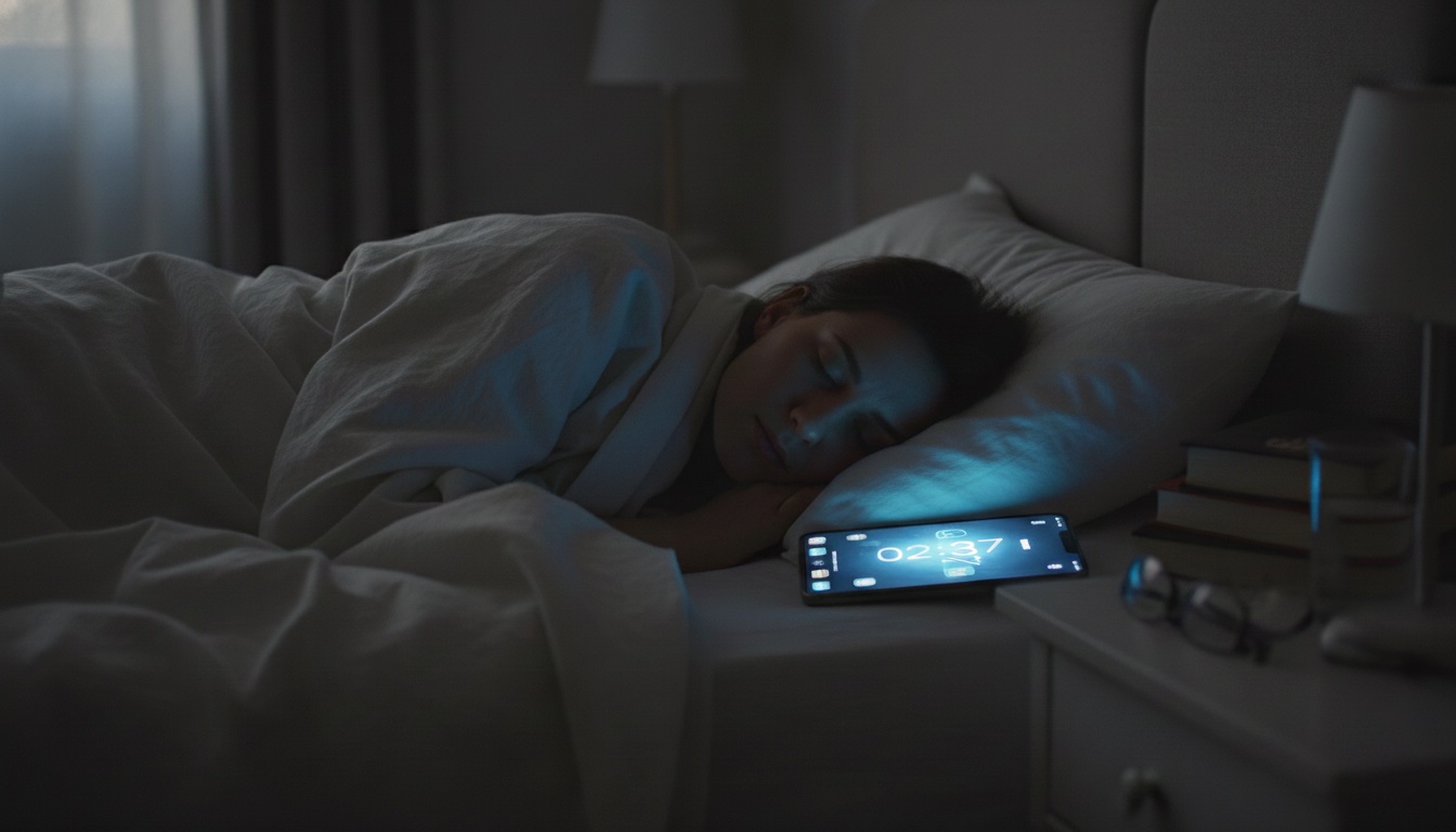 Persona durmiendo junto a la cama mientras la pantalla de uno de sus móviles ilumina la habitación durante la noche