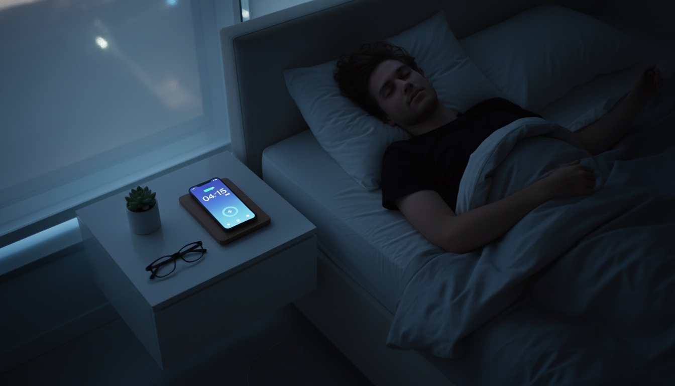 Hombre durmiendo con uno de sus móviles encendido sobre la mesilla mostrando la hora en plena madrugada