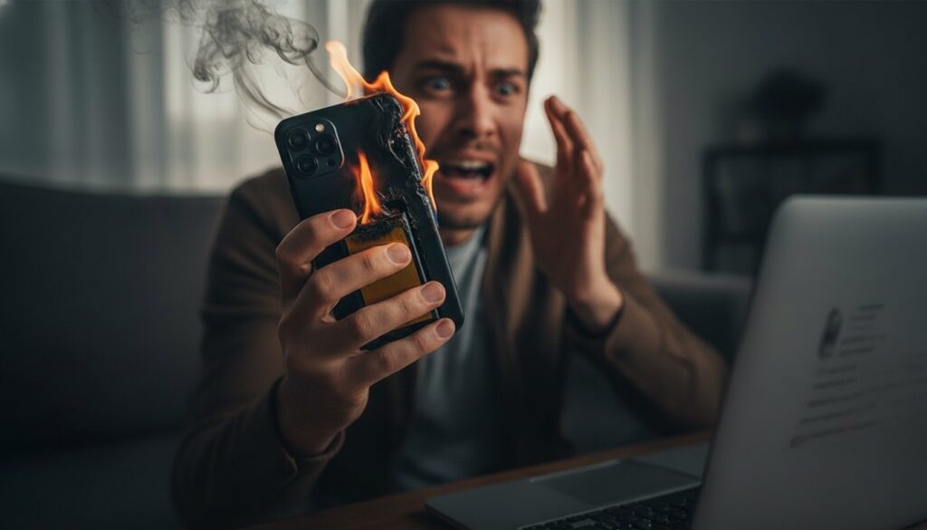 Hombre sosteniendo un móvil en llamas tras un fallo de batería, mostrando sorpresa y peligro por sobrecalentamiento del teléfono